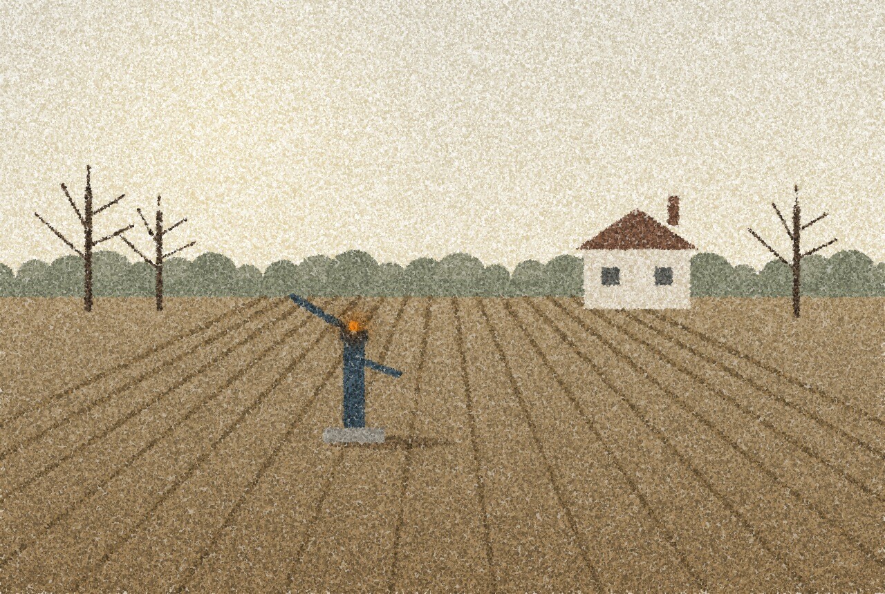 A pointillist illustration: a wide ploughed field under a pale sky, a small farmhouse and a hand-pump well head in the middle distance and a line of bare trees, with one amber point of light on the well head.