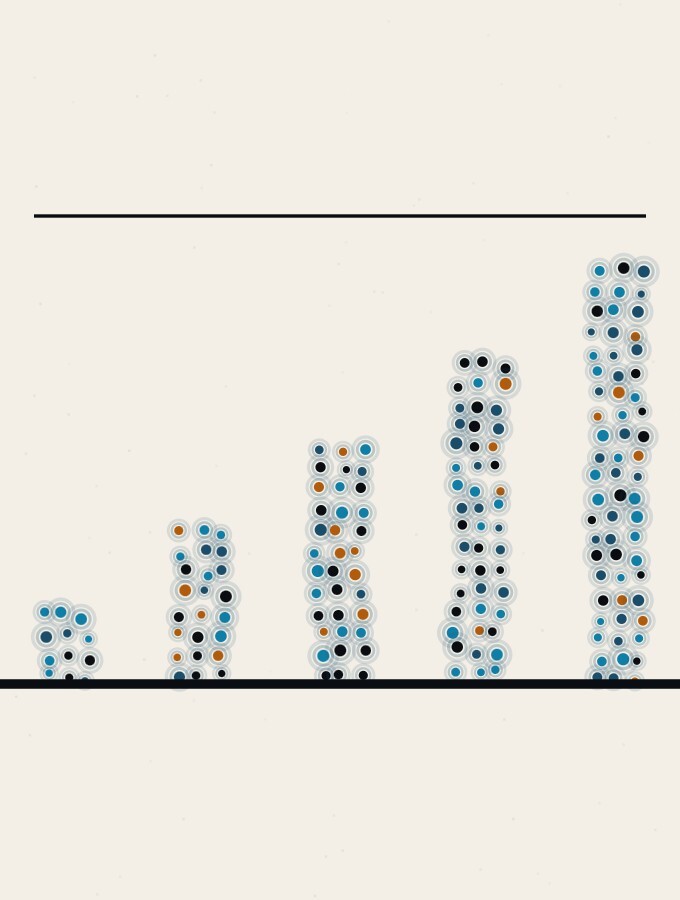 An abstract illustration in pointillist dots: a row of dot-columns standing on a low horizon, rising in height from left to right, with the tallest at the far right beneath a single thin horizontal rule.