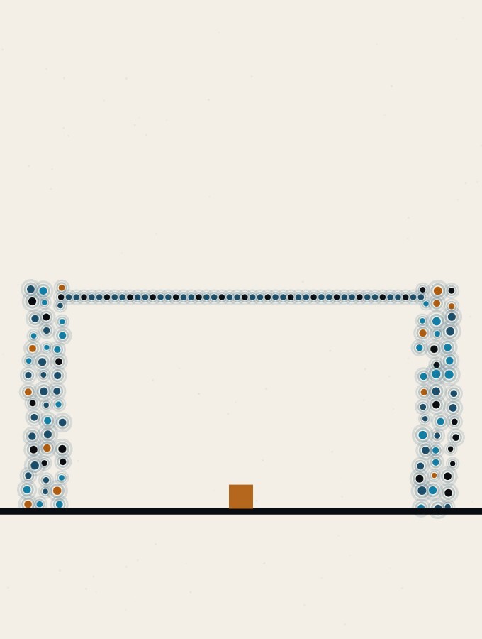 An abstract illustration in pointillist dots: a single long dot-line stretched taut between two dot-columns above a wide horizon, with a small amber square resting on the ground at its midpoint.