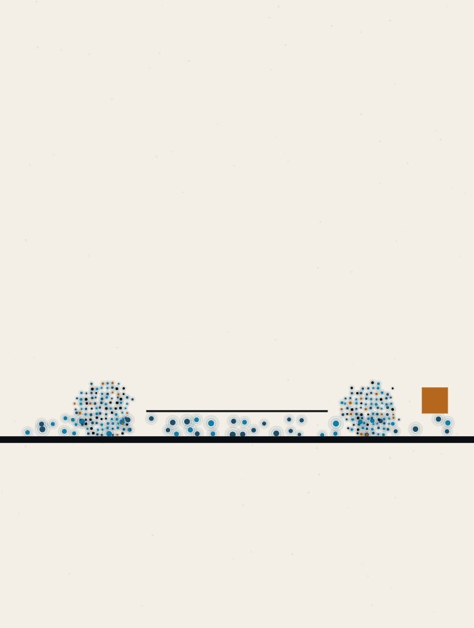 An abstract illustration in pointillist dots: two dot-spheres facing each other across a thin horizontal rule on a calm horizon, with a gentle low hedge of soft dots behind them and a small amber square resting at the hedge’s end.