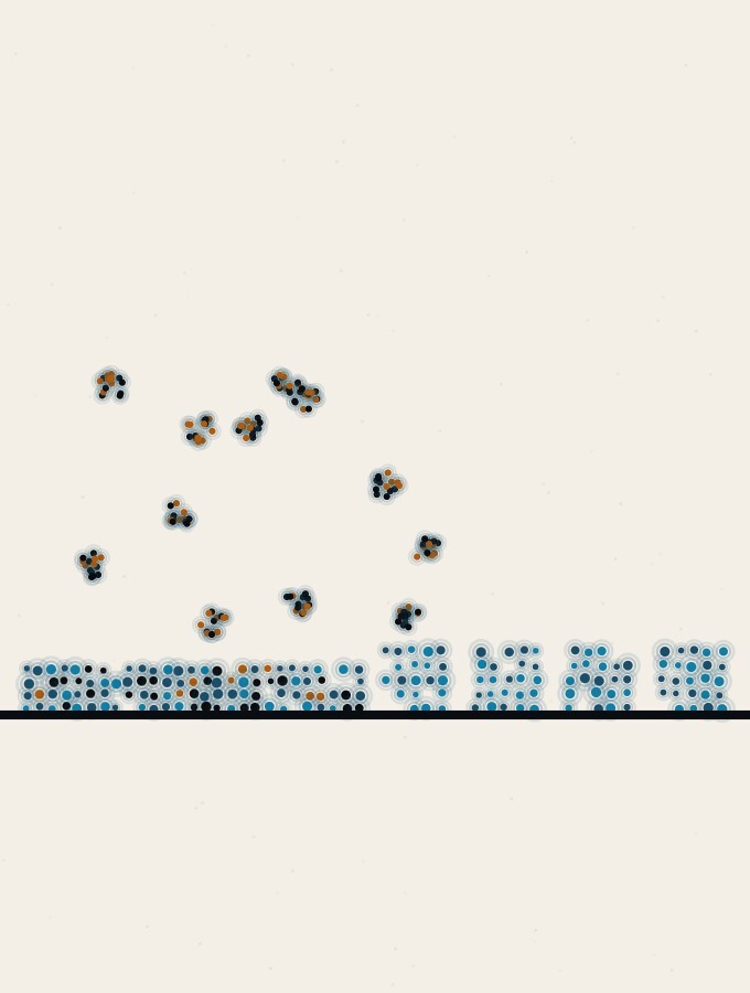 An abstract illustration in pointillist dots: a low rectangular slab of dense dots on a horizon, close beside a row of small dot-cubes like houses, with tiny bright dot-bursts rising from the slab into a pale sky.