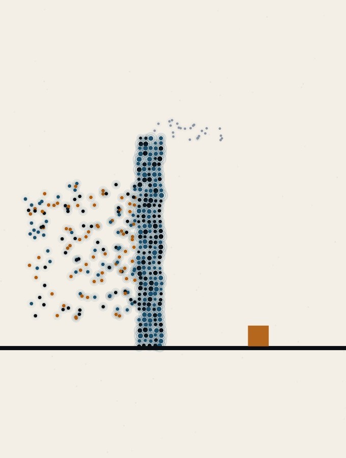 An abstract illustration in pointillist dots: a tall thin wall of dense dots standing on a horizon, with scattered bright dots crowding against one side and only a faint sparse mist drifting over the top to the other, where a small amber square rests.