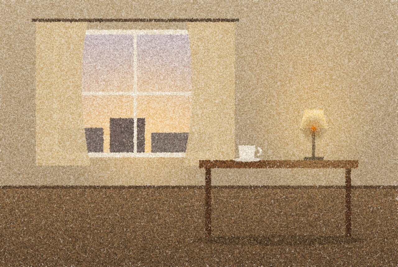 A pointillist illustration: a quiet room at dusk, a plain wooden table by a window with a cup and a small lamp, the curtains half drawn and soft evening light on the wall, with one amber point of light in the lamp.