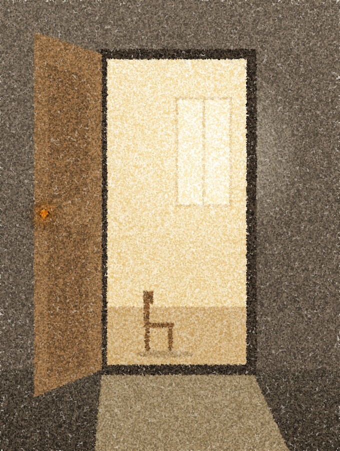 A pointillist illustration: a tall doorway seen from a dim hallway, the door half open onto a sunlit room with a plain chair and a window, with one amber point of light on the door handle.