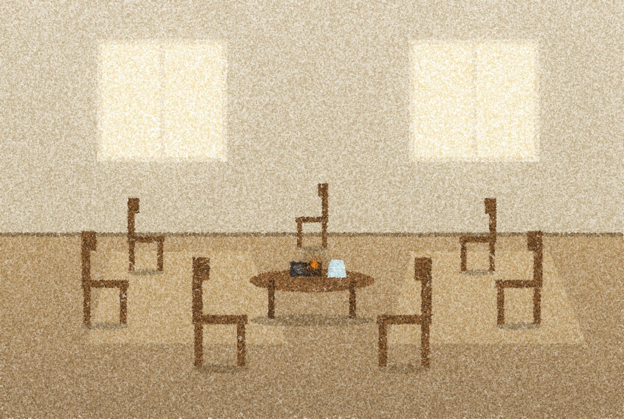 A pointillist illustration: a plain community room in soft daylight, a circle of empty wooden chairs around a low table with a small audio player and a jug of water, with one amber point of light on the player.