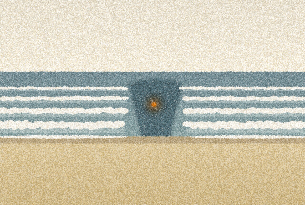 点描画:淡い空の下の広く人けのない浜辺。白く砕ける波の列の間に、沖へ続く暗くなめらかな水の筋があり、その中に小さな琥珀色の光が一つ。