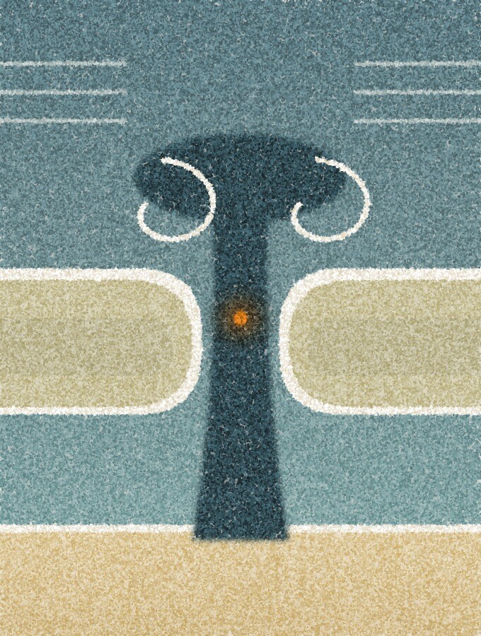 点描画:上から見た海。白い泡に縁どられた2つの淡い砂州の間を、暗い水路が沖へ伸び、砂州の先で渦を巻いて戻っている。水路の中に琥珀色の点が一つ漂う。