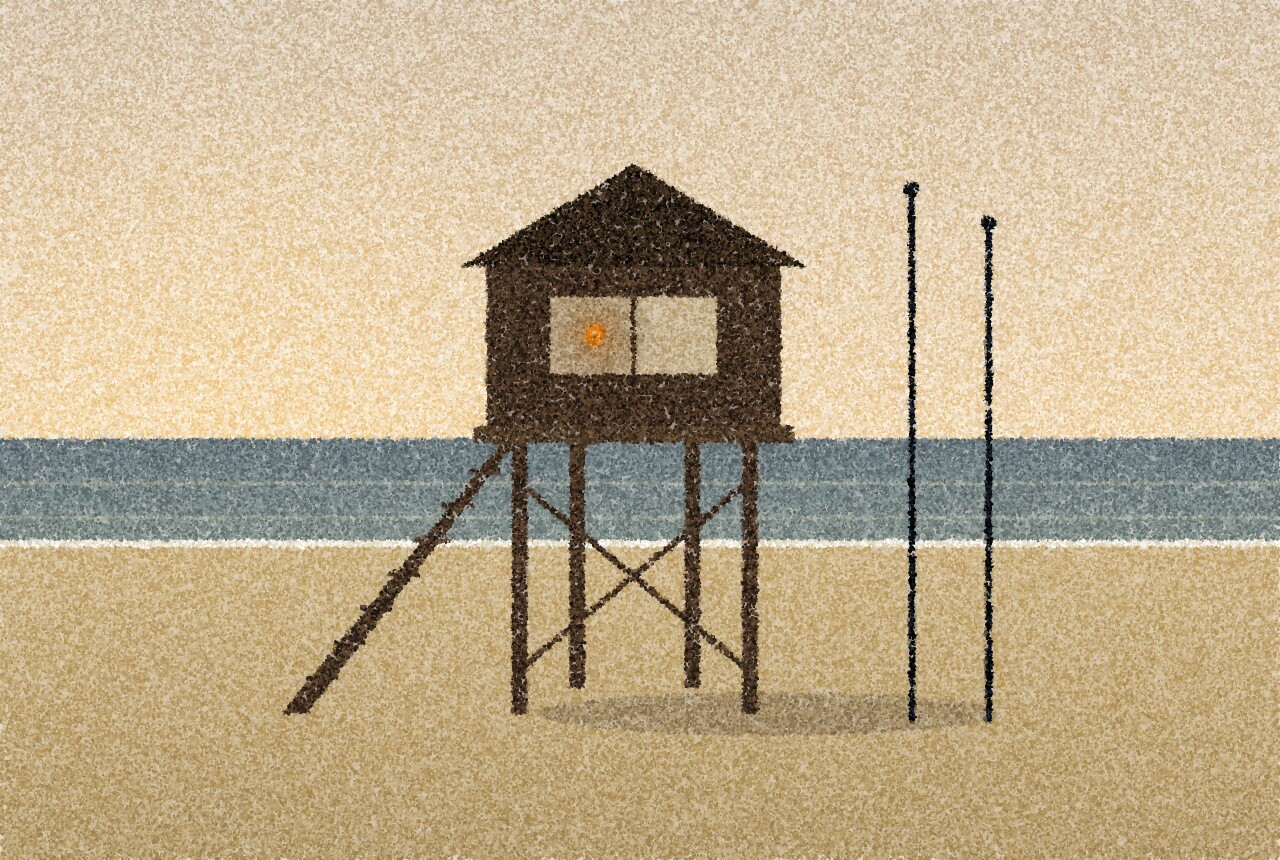 点描画:夕暮れの広い浜辺に立つ、誰もいない木製の監視台。そばの砂に旗のない2本のポールが立ち、背後には静かな海。監視台の窓に琥珀色の光が一つ。
