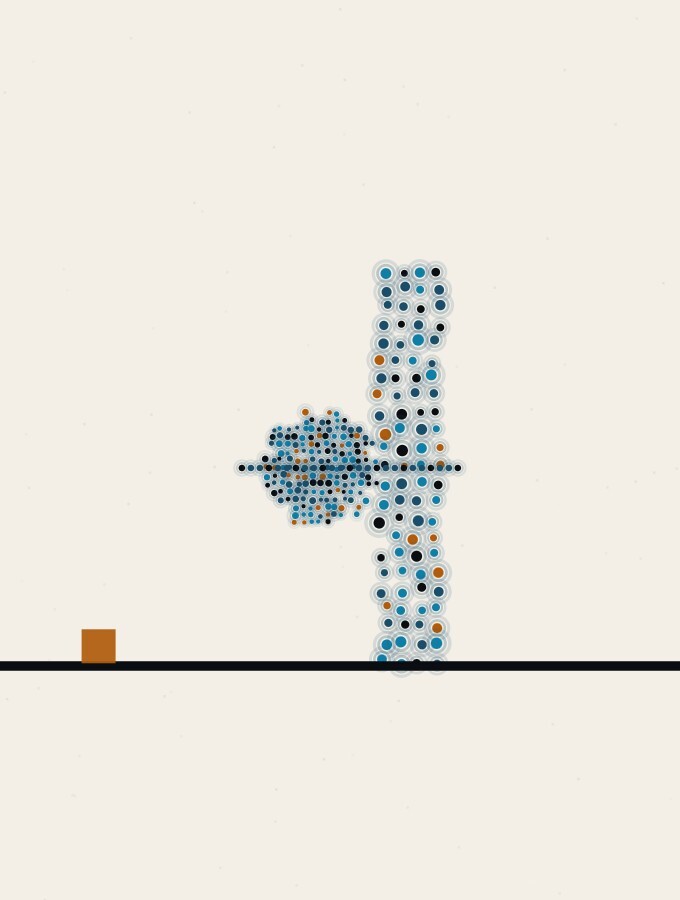 点描の抽象画:穏やかな地平線の上で、点でできた球が細い点の柱の脇にぴったりと寄り添い、中ほどの高さで一本の水平な点線が両者を結んでいる。近くの地面には小さな琥珀色の四角がひとつ置かれている。
