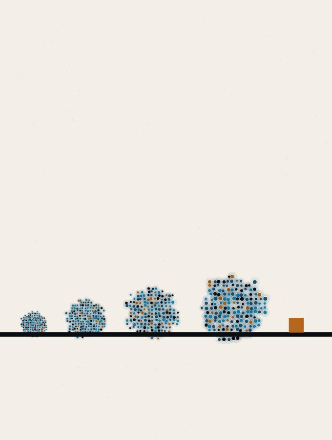 点描の抽象画:広く穏やかな地平線に沿って、点でできた4つの球が並び、ひとつ前より少しずつ大きくなっていく。列の向こう端には、小さな琥珀色の四角がひとつだけ立っている。