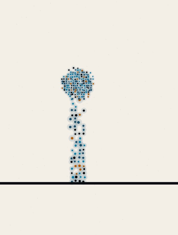 点描の抽象画:低い地平線に立つ細く高い点の柱の上に、点でできた球がひとつ載っている。柱は根元に近いほど点が密になり、そばには何もない地面が長く続き、空にはまばらな点が散っている。
