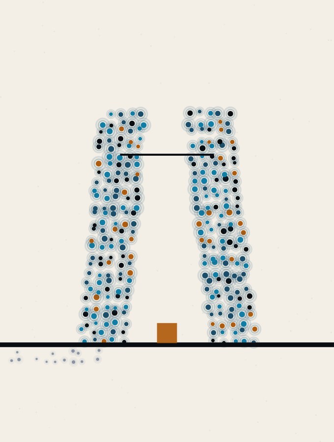 An abstract illustration in pointillist dots: two dot-columns leaning towards each other on the horizon, joined by a thin horizontal rule before they touch, with a small amber square resting on the ground between them.