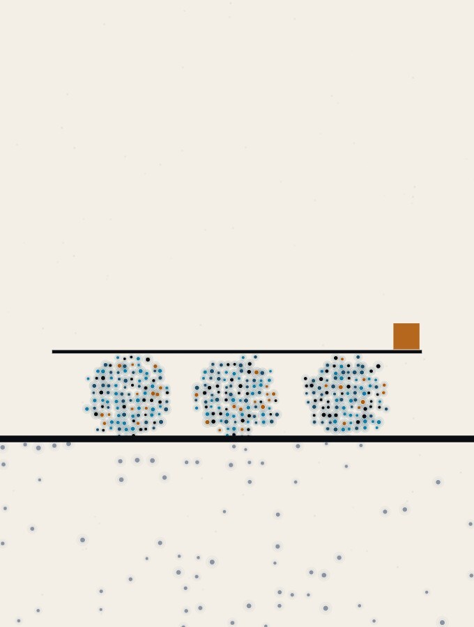 An abstract illustration in pointillist dots: three dot-spheres resting in a row on the horizon, a long straight rule balanced level across their tops, and a small amber square at the far end of the rule.