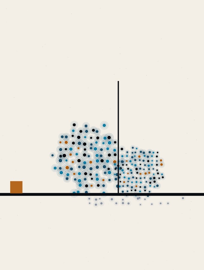 An abstract illustration in pointillist dots: two dense dot-spheres meeting on the horizon, the larger one slightly higher, the smaller pressed downward, with a thin vertical line drawn exactly where they touch.
