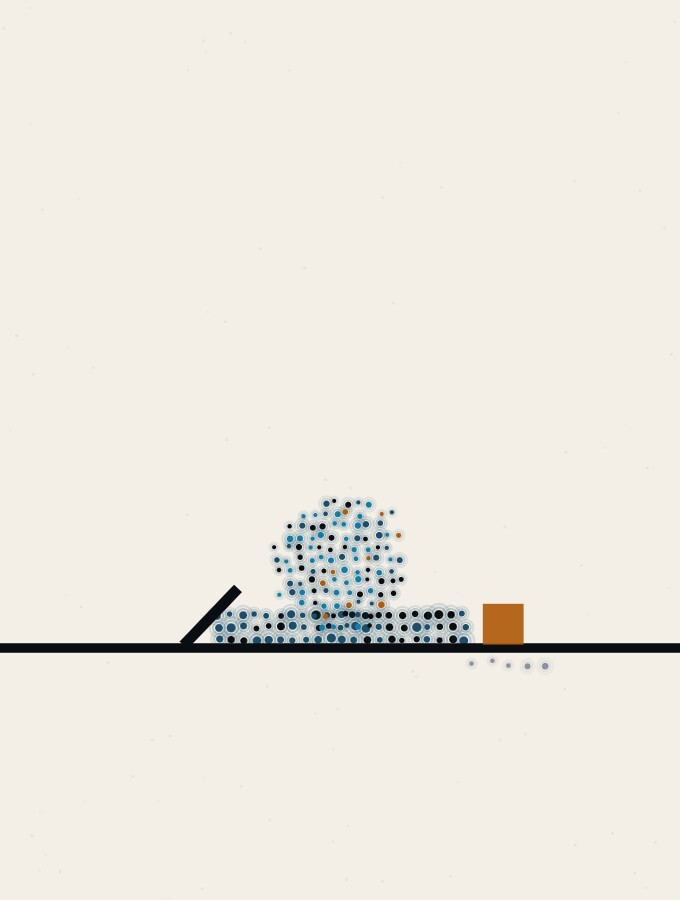 An abstract illustration in pointillist dots: a dot-sphere resting in a shallow cup of dots on the horizon, a short straight rule laid along the front lip of the cup like a buttress, and a small amber square beside it.