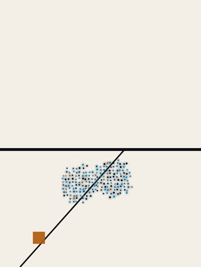 An abstract illustration in pointillist dots: two dot-spheres meeting on a wide horizon at a gentle angle rather than head-on, a long straight rule running between them to the vanishing point, and a small amber square resting on the rule.