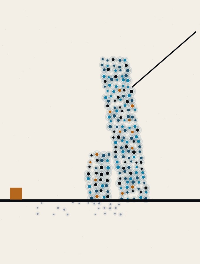 An abstract illustration in pointillist dots: a tall dot-column on the horizon leaning slightly forward, a thin straight rule pressing against its upper side from behind, and a smaller column standing upright in its shadow.