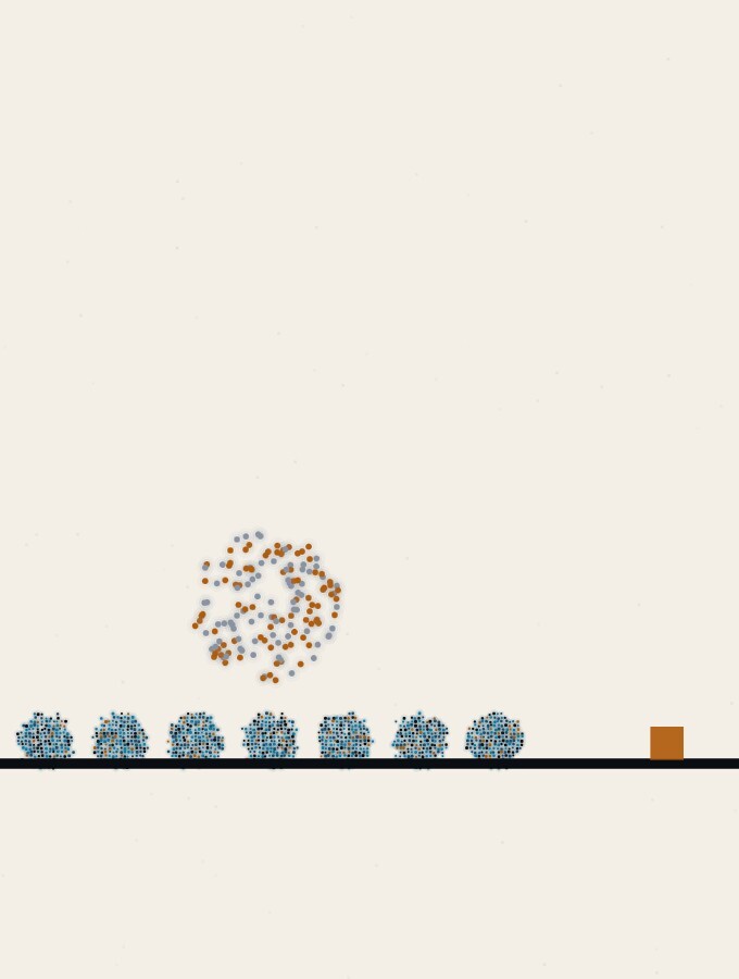 An abstract illustration in pointillist dots: a long, steady line of evenly spaced dot-spheres walking along a low horizon at dawn, a pale disc of sun just above the line, and one small amber square standing at a measured distance ahead.