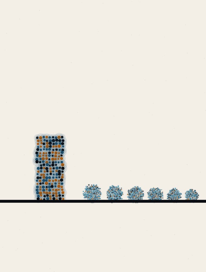 An abstract illustration in pointillist dots: a short, dense column of glowing dots standing close to a low horizon, with a long, calm row of small dot-spheres trailing away behind it under a sky of sparse even dots.