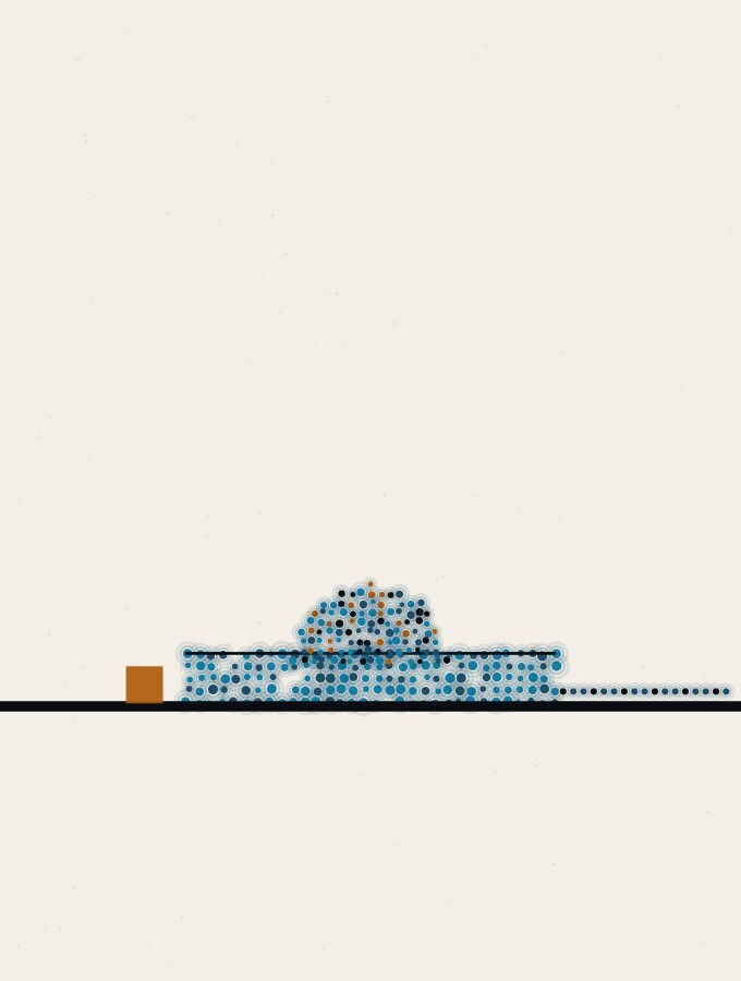 An abstract illustration in pointillist dots: a bright dot-sphere half sunk into a calm rectangular pool of cool dots on the horizon, with a small amber square waiting beside the pool and a straight dotted line leading away to the edge.