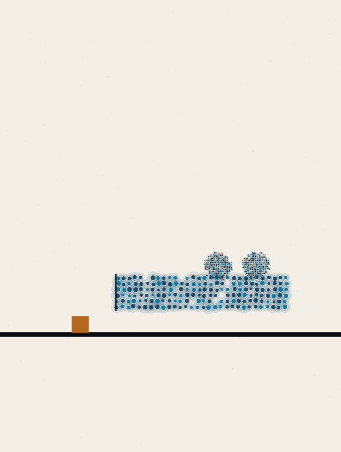 点描の抽象画：穏やかな地平線のすぐ上に浮かぶ、前の端がまっすぐ切り落とされた平らで幅広い点の台。後ろ半分に2つの小さな点の球が載り、前の部分があったはずの空いた場所に小さな琥珀色の四角が立っている。