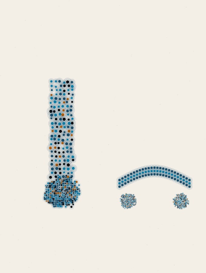 点描の抽象画：低い地平線の上で、細く高い点の柱がひとつの密な点の球を押しつぶすように立ち、その横では幅の広い低い点のアーチが2つの小さな球にそっと載っている。空はまばらで均一な点。