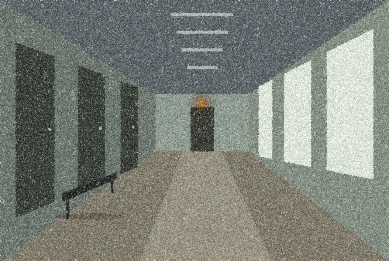 A pointillist illustration: an empty hospital corridor at night with a row of closed doors and a single bench, pale light from tall windows, and one small amber point of light above a far doorway.