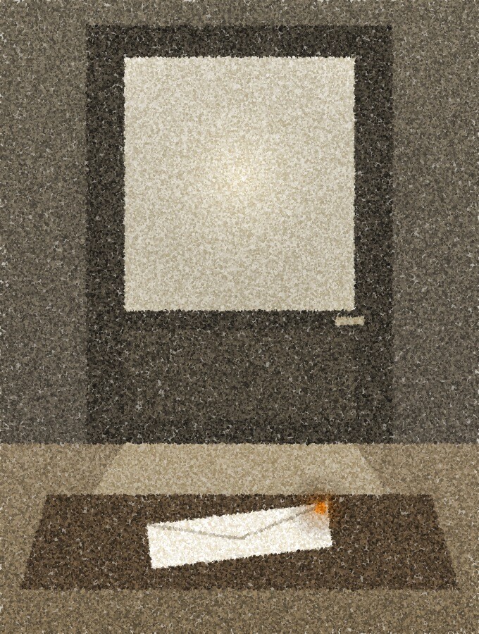 A pointillist illustration: an unopened envelope lying on a doormat in a dim hallway, in a tall narrow frame lit softly through a frosted glass door, with one amber point of light on the corner of the envelope.