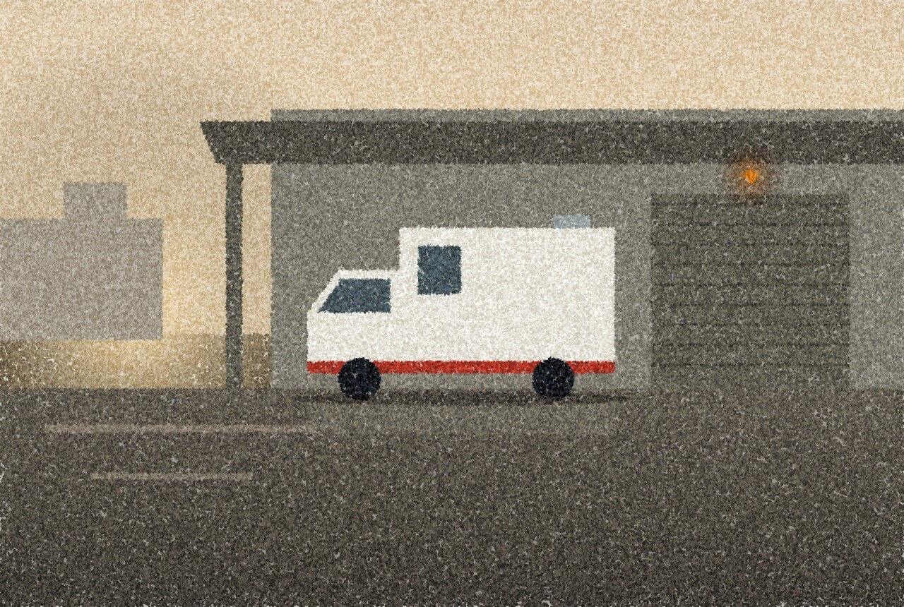 A pointillist illustration: a plain boxy ambulance parked under a concrete canopy at dusk beside a closed roller door, wet tarmac reflecting the sky, and one amber point of light on the wall.