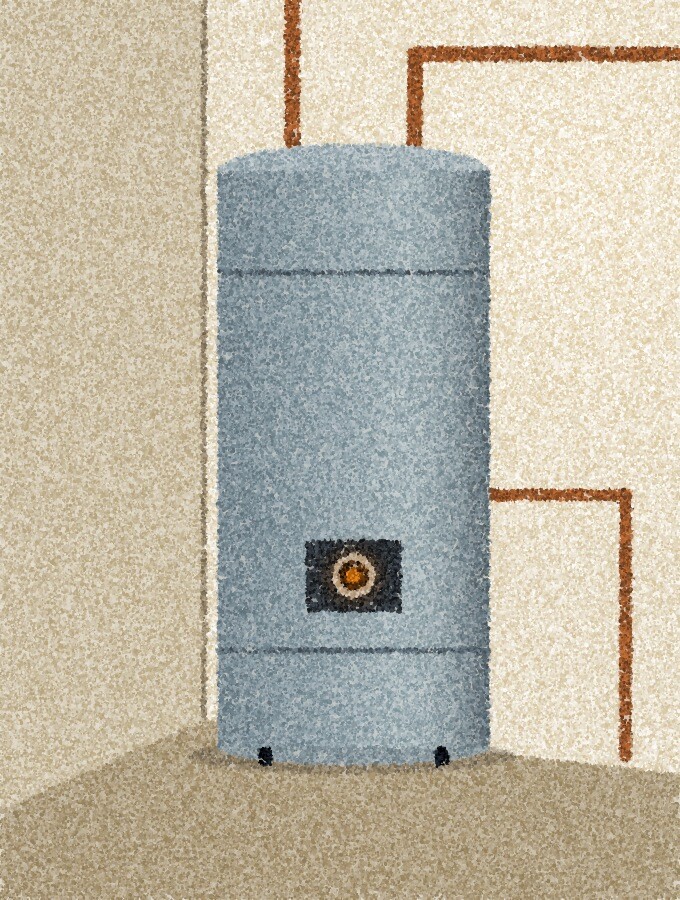 点描画:静かな家事室の隅に、銅の配管のそばに背の高い円筒形の給湯器が立っている。温度ダイヤルに小さな琥珀色の光が一つ。