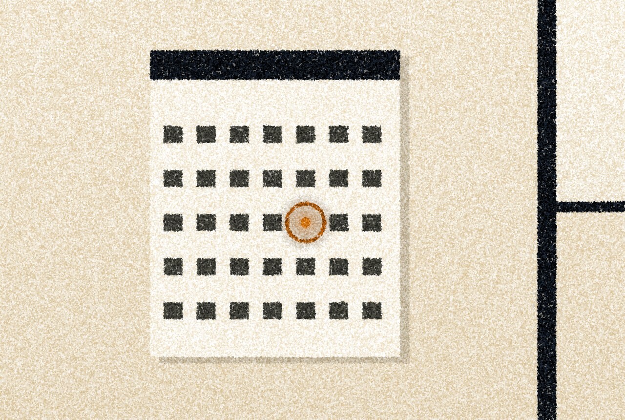 A pointillist illustration: a large wall calendar page hanging on a pale wall, one date circled in a single amber point, with a dark window frame at the edge.
