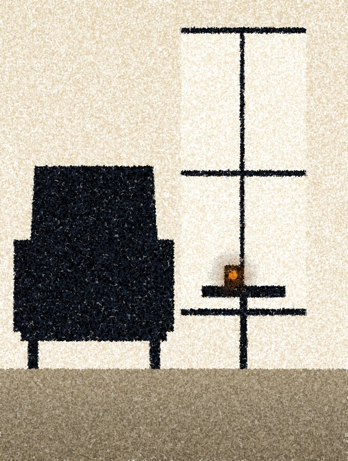 A pointillist illustration: a single armchair by a tall window in a pale room, an empty cup on a small table beside it, with one amber point on the cup.