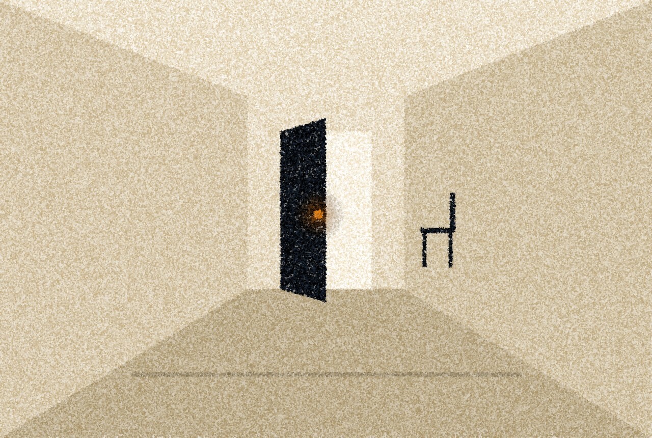 A pointillist illustration: a half-open clinic door at the end of a pale corridor, a dark chair beside it, with one amber point on the door handle.