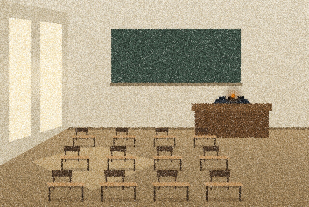 A pointillist illustration: an empty classroom in morning light, rows of plain wooden desks facing a dark board, tall windows on the left, and a small tray on the teacher’s desk, with one amber point of light in the tray.