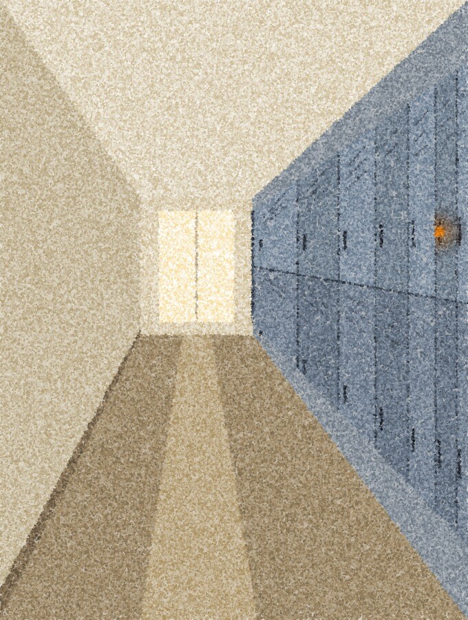 A pointillist illustration: a tall, empty school corridor with a row of grey lockers along one wall and a window at the far end, in soft light, with one amber point of light on a locker door.