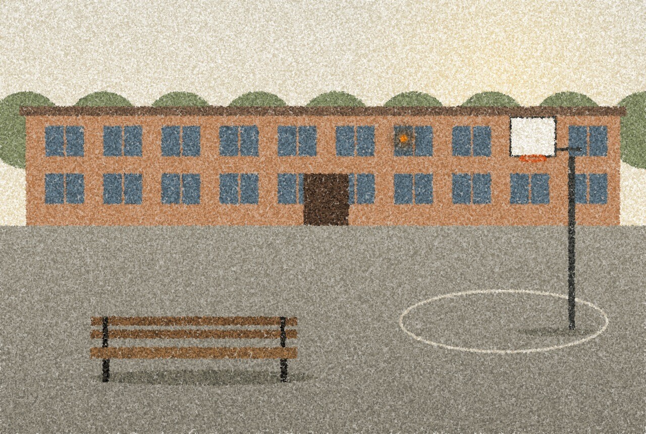 A pointillist illustration: an empty school playground at break time under a pale sky, a long low school building behind, a bare bench and a basketball hoop on the tarmac, with one amber point of light in a classroom window.