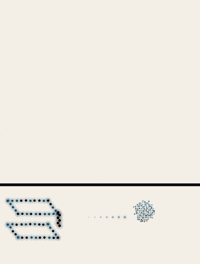 An abstract illustration in pointillist dots: two dot-frames lying face down and side by side on a calm horizon, joined by a short chain of small dots, while a single dot-sphere rolls freely across the open ground in front of them.