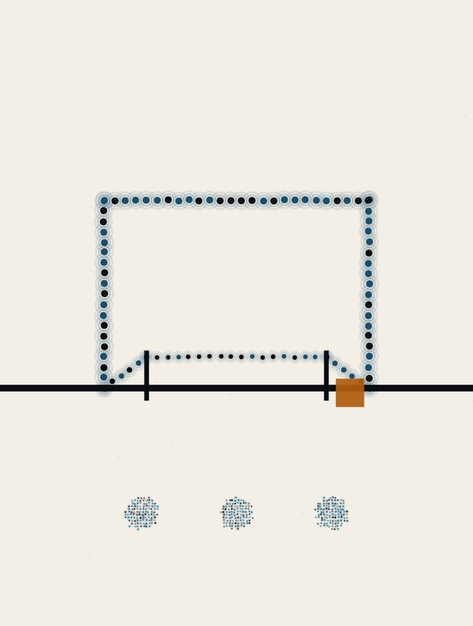 An abstract illustration in pointillist dots: a rectangular frame of dots standing upright on a horizon, held down at its back by two short vertical rules driven into the ground, with one small amber square resting at the foot of the rear stake.