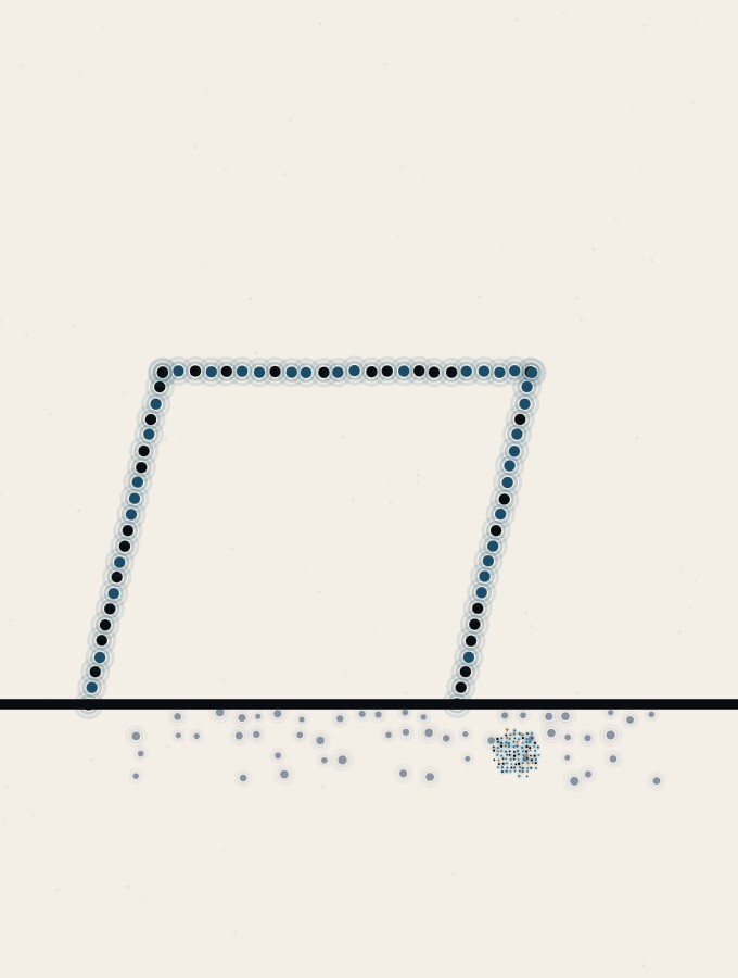 An abstract illustration in pointillist dots: a tall rectangular frame drawn in dense dots, leaning forward over a low horizon, its long shadow of sparse dots falling ahead of it, with a single small dot-sphere resting in the shadow.