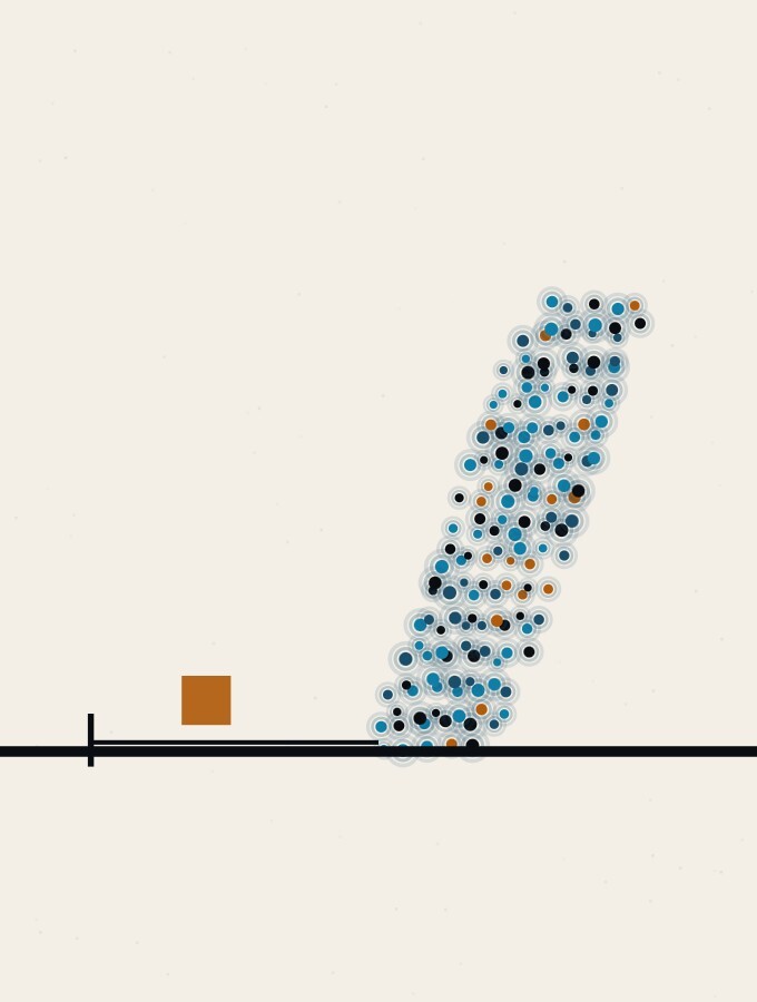 点描の抽象画：平らな地平線の上でゆっくりと前に傾く1本の点の柱。根元に固定された細い直線がそれを支え、その後ろの地面に小さな琥珀色の四角が置かれている。
