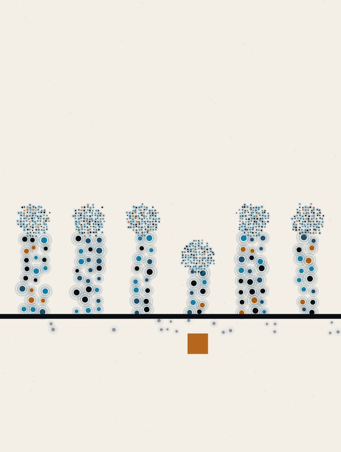 点描の抽象画：広い地平線を横切って等間隔に並ぶ点の球の列。どの球も短い点の柱に載り、ほかより少し低い1つの球の下にだけ小さな琥珀色の四角が置かれている。