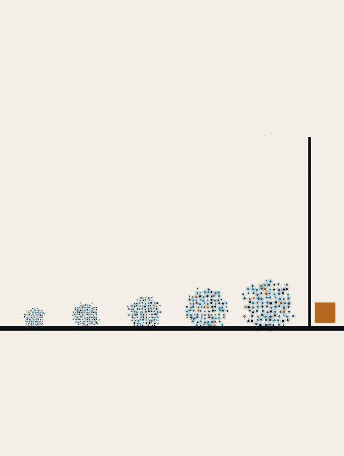 点描の抽象画：長い地平線の右端近くに細い縦線が1本立ち、点の球がその線に向かって集まり、近づくほど密に重くなっていく。