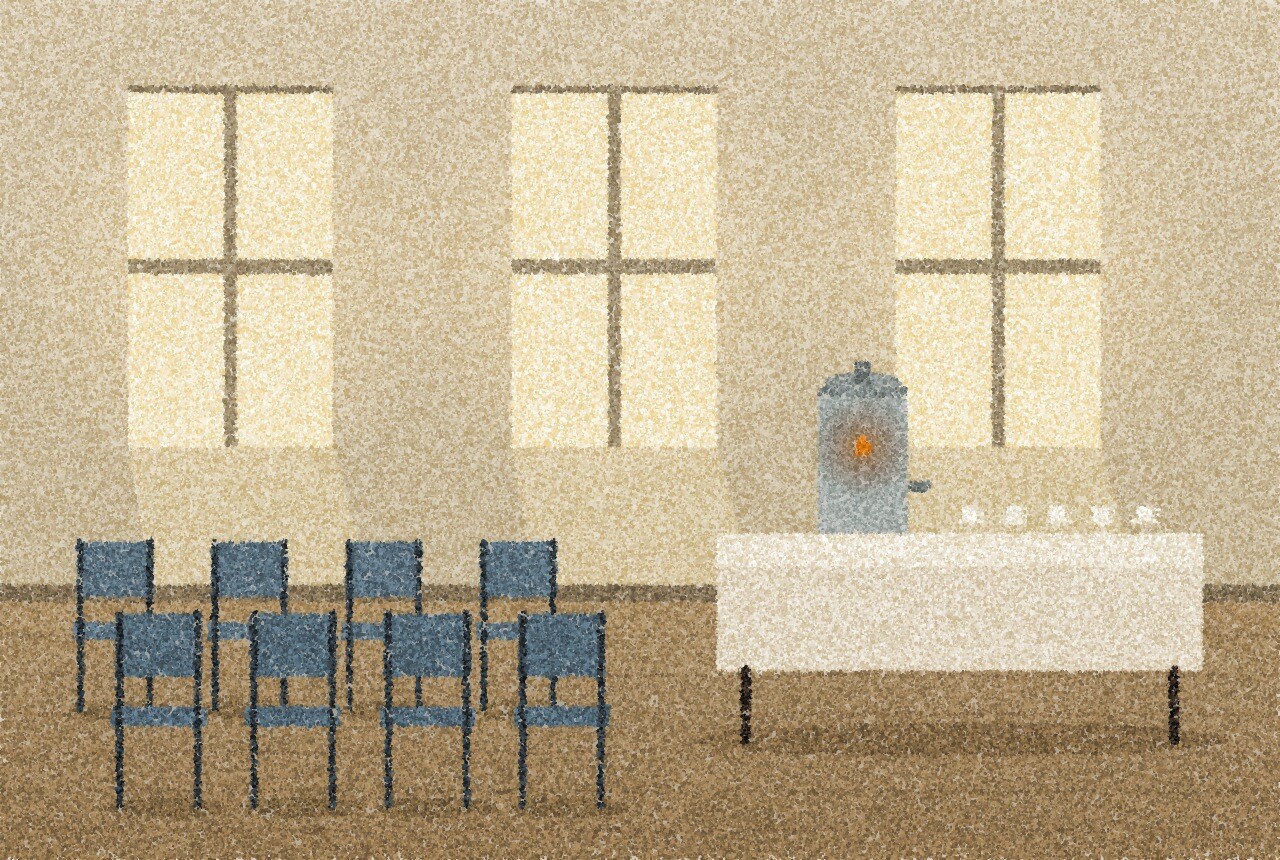 A pointillist illustration: a quiet community hall with a row of empty folding chairs facing a long table set with a tea urn and cups, afternoon light falling through tall windows, with one small amber point of light on the urn.