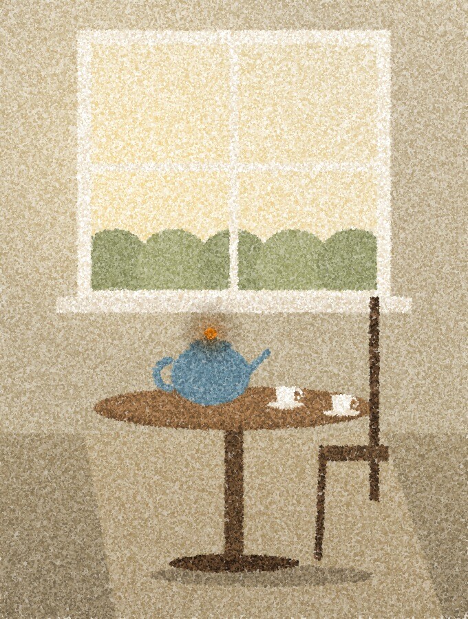 A pointillist illustration: a tall window with a small round table in front of it holding a blue teapot and two cups, one chair pulled out, soft morning light from the window, with one amber point of light on the teapot lid.