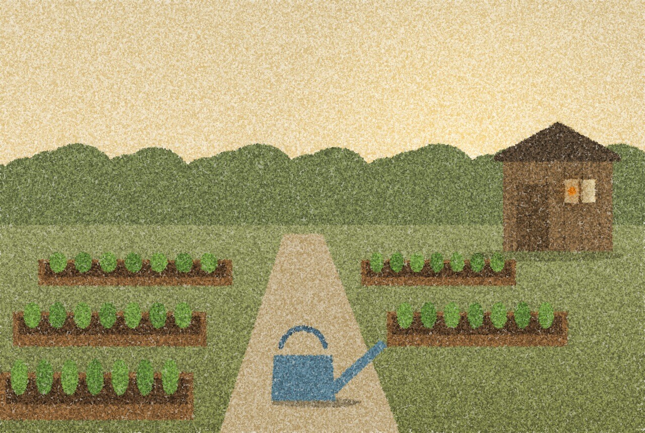 A pointillist illustration: a small allotment garden in late afternoon, raised vegetable beds, a wooden shed and a watering can on the path, low sun behind a line of trees, with one amber point of light on the shed window.