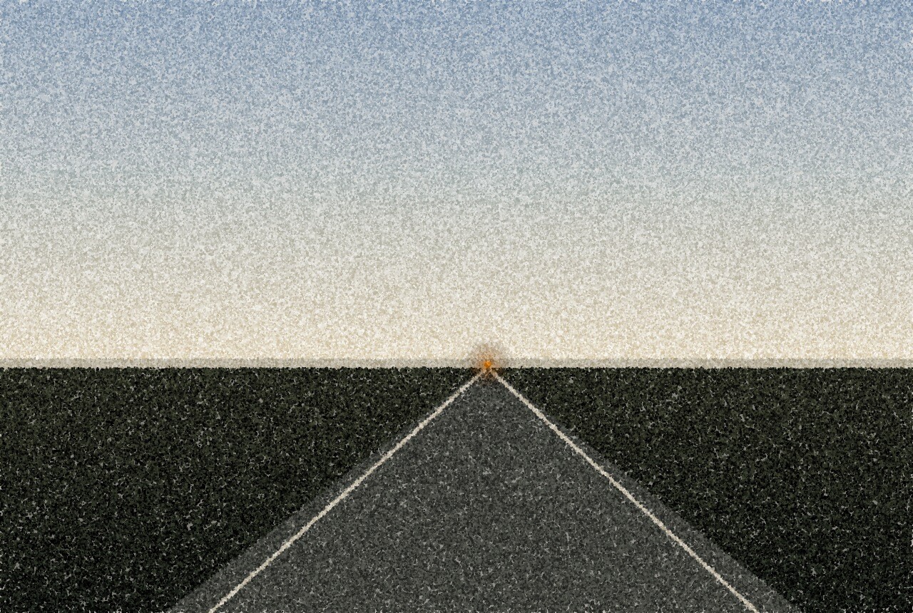 A pointillist illustration: an empty two-lane road at dusk running straight to a low horizon between dark grass verges, pale painted lines converging on the vanishing point, with one small amber light far down the road.