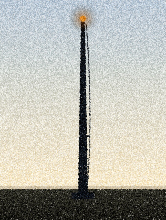 A pointillist illustration: a tall bare flagpole with a thin rope standing alone against a bright pale evening sky above a low dark field, its small round tip catching one amber point of light.