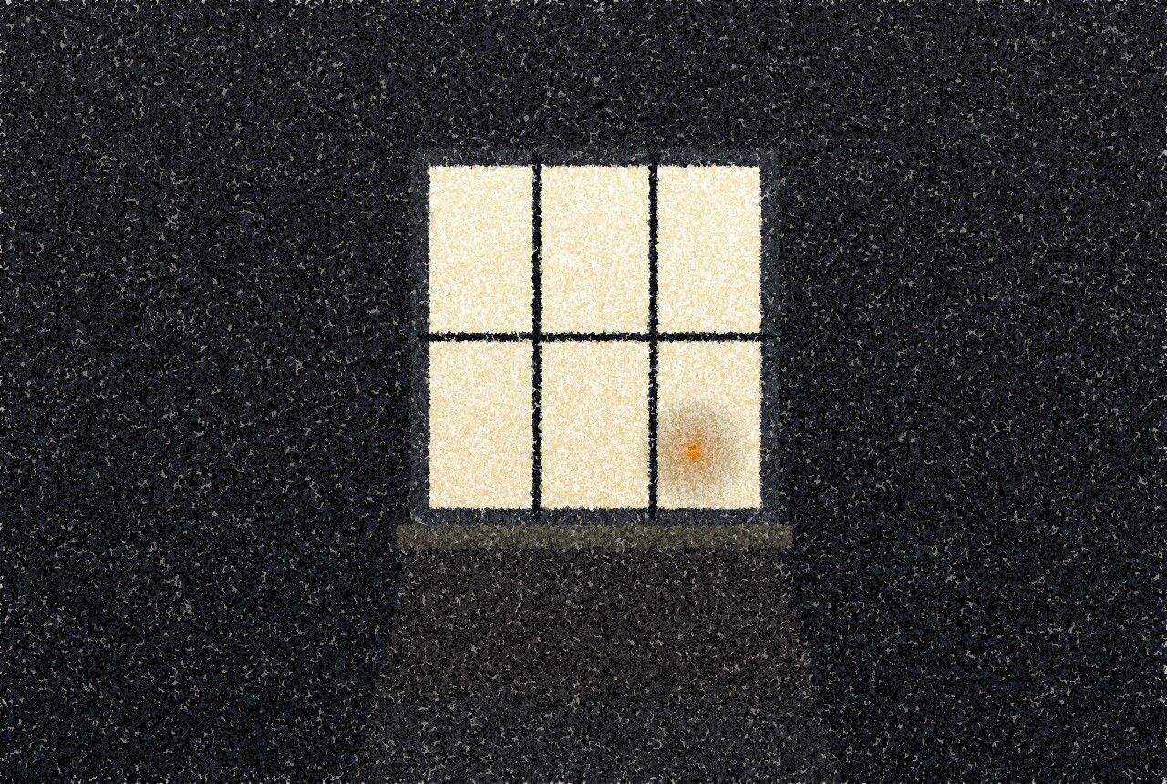 A pointillist illustration: a single lit classroom window in a dark wall at dusk, seen from outside, its gridded panes glowing pale, with one small amber light inside.