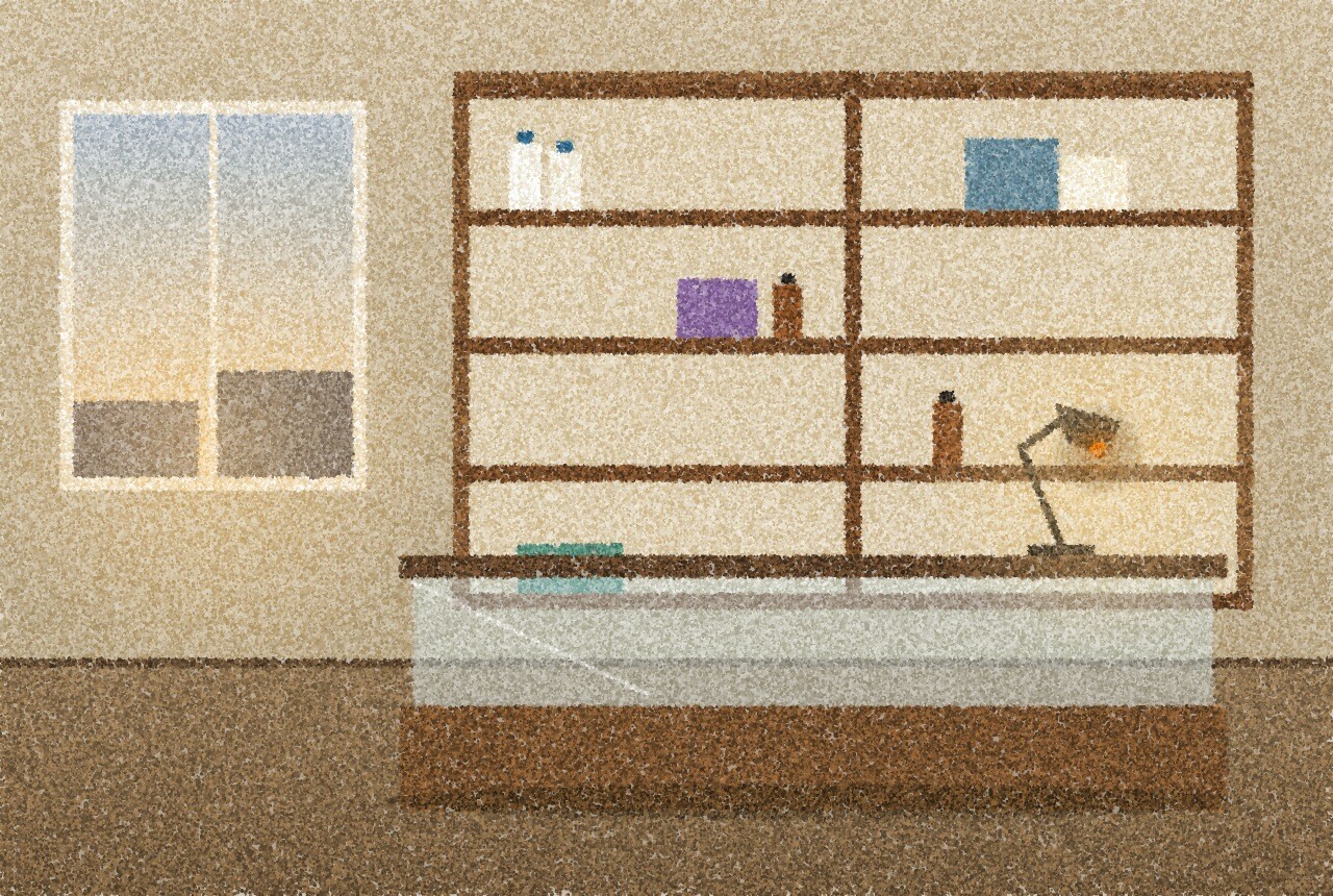 A pointillist illustration: a small pharmacy at dusk, tall wooden shelves mostly bare with a few boxes and bottles left, a glass counter in front and a window showing a pale evening sky, with one amber point of light from a desk lamp on the counter.