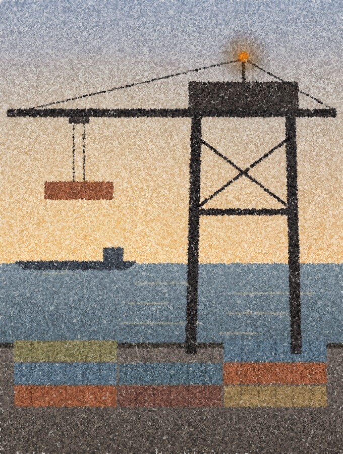 A pointillist illustration: a quiet container port at dusk, a tall dockside crane standing over stacked shipping containers beside still water, a ship waiting offshore, with one amber point of light at the top of the crane.